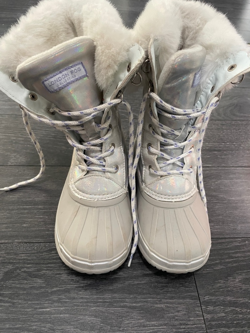 London Fog Iridescent White Faux Fur Lace-Up Winter Boots